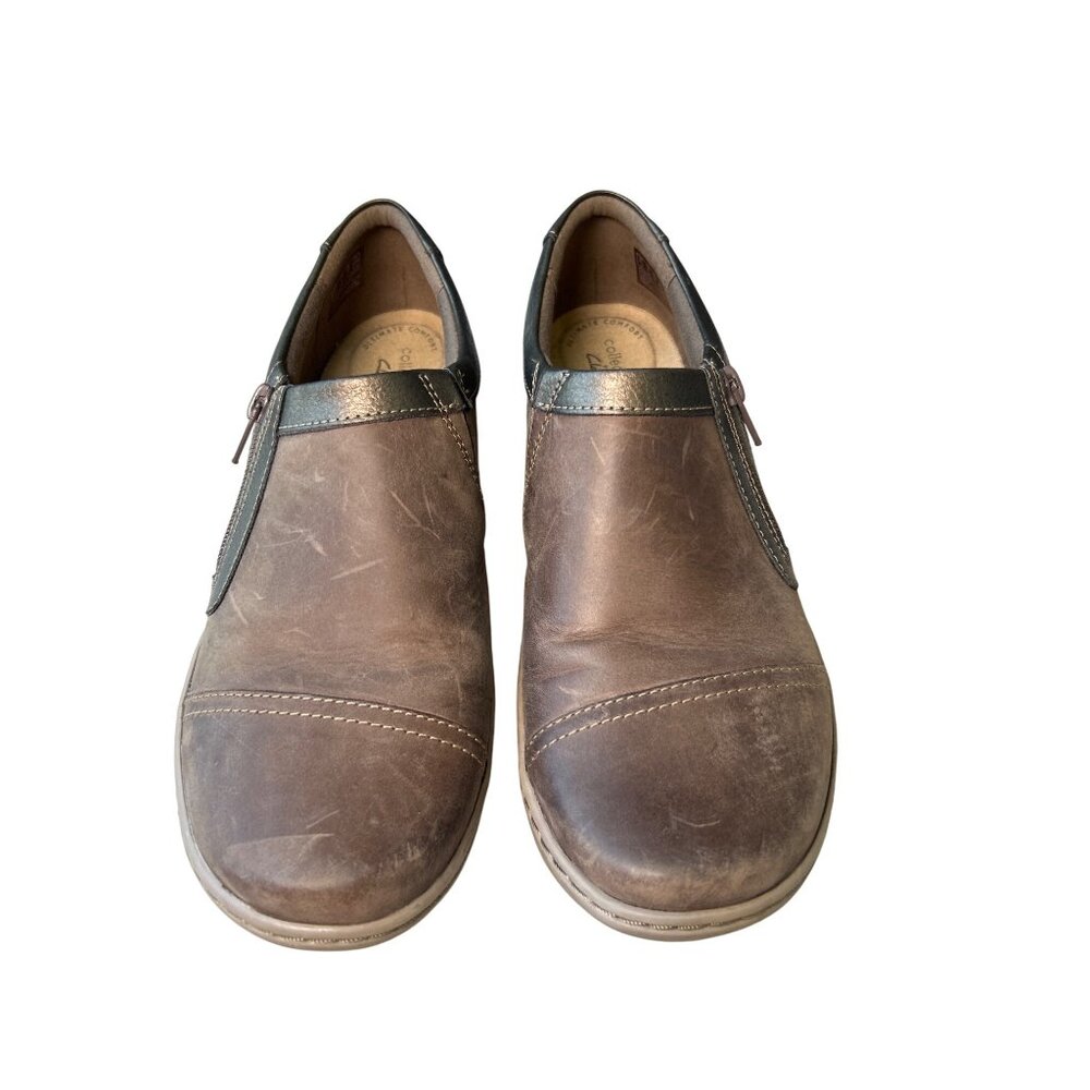 Clarks Brown Leather Slip-On Shoes Women's 9 Side Zip Cushioned Insoles Sneakers - Picture 2 of 16